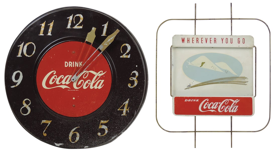 Coca-Cola Clock & Sign (2), 1951 maroon embossed metal clock in VG working cond & Wherever You Go: Coca-Cola Clock & Sign (2), 1951 maroon embossed metal clock in VG working cond & Wherever You Go winter scene metal sign w/wire surround, VG cond, clock 18"Dia.