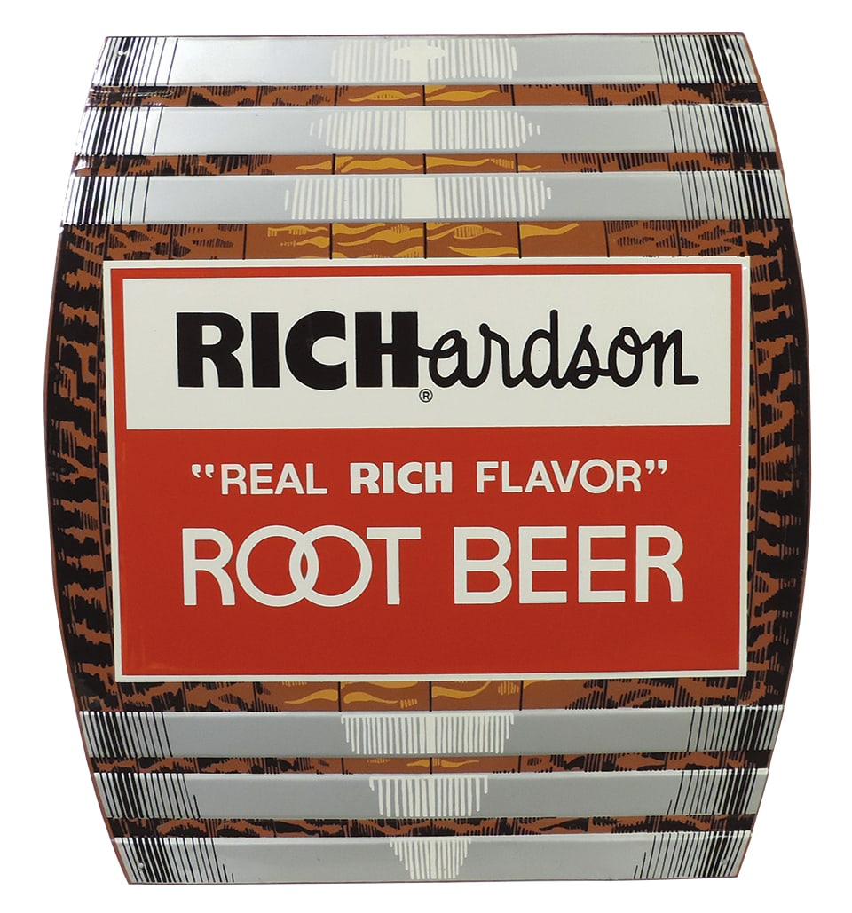 Soda Fountain Sign, Richardson Root Beer, litho on embossed diecut tin barrel shape, NOS cond, 24"H: Soda Fountain Sign, Richardson Root Beer, litho on embossed diecut tin barrel shape, NOS cond, 24"H x 21.5"W.