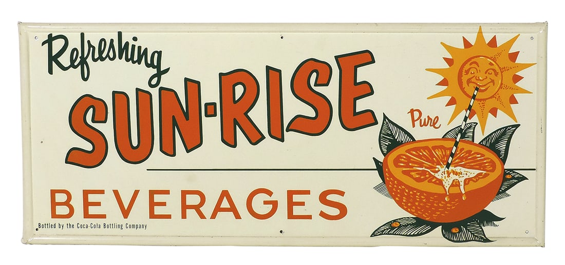 Soda Fountain Sign, Sun-Rise Beverages, Coca-Cola Bottling Co., litho on self-framed tin: Soda Fountain Sign, Sun-Rise Beverages, Coca-Cola Bottling Co., litho on self-framed tin w/great graphics, NOS cond w/light storage wear, 12"H x 28"W.