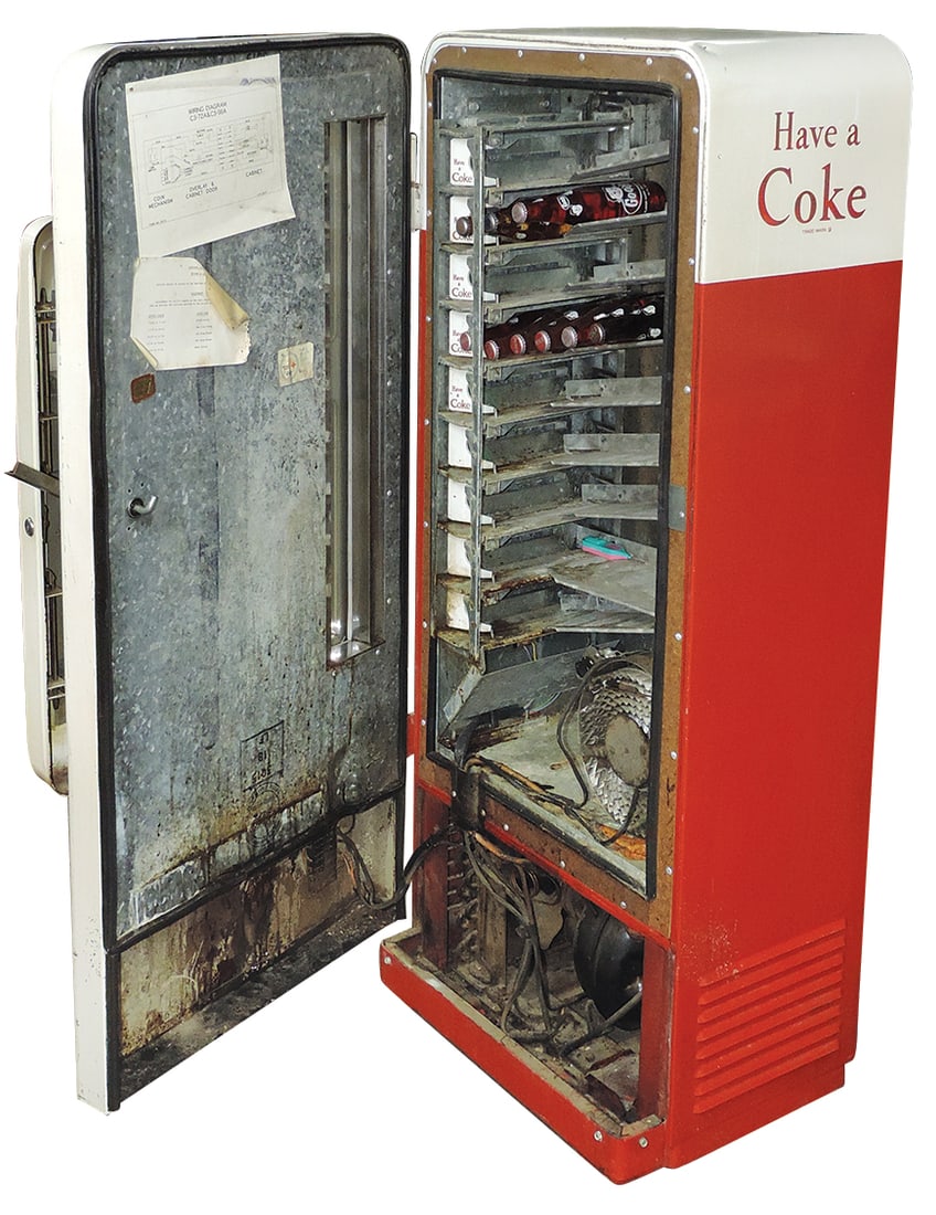 Coca-Cola Vending Machine, Cavalier Model 72, coin-operated 10 Cent machine w/embossed front & round: Coca-Cola Vending Machine, Cavalier Model 72, coin-operated 10 Cent machine w/embossed front & round top, c.1957, made to vend 72 6 1/2 oz. bottles, Good+ orig cond w/cord & key absent, unknown if wor