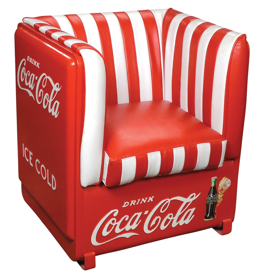 Coca-Cola Club Chair, custom-made high back, made from a chest cooler w/all 4 panels having an: Coca-Cola Club Chair, custom-made high back, made from a chest cooler w/all 4 panels having an embossed logo, a fun addition to any game room, Exc cond & very comfortable, 35"H x 31"W x 26"D.