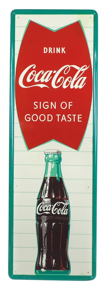 Coca-Cola Sign, vertical fishtail, self-framed litho on tin w/large product bottle, VG+ cond, likely: Coca-Cola Sign, vertical fishtail, self-framed litho on tin w/large product bottle, VG+ cond, likely NOS w/later clear coat & some evidence of underlying oxidation upon close examination only, 53.5"H 