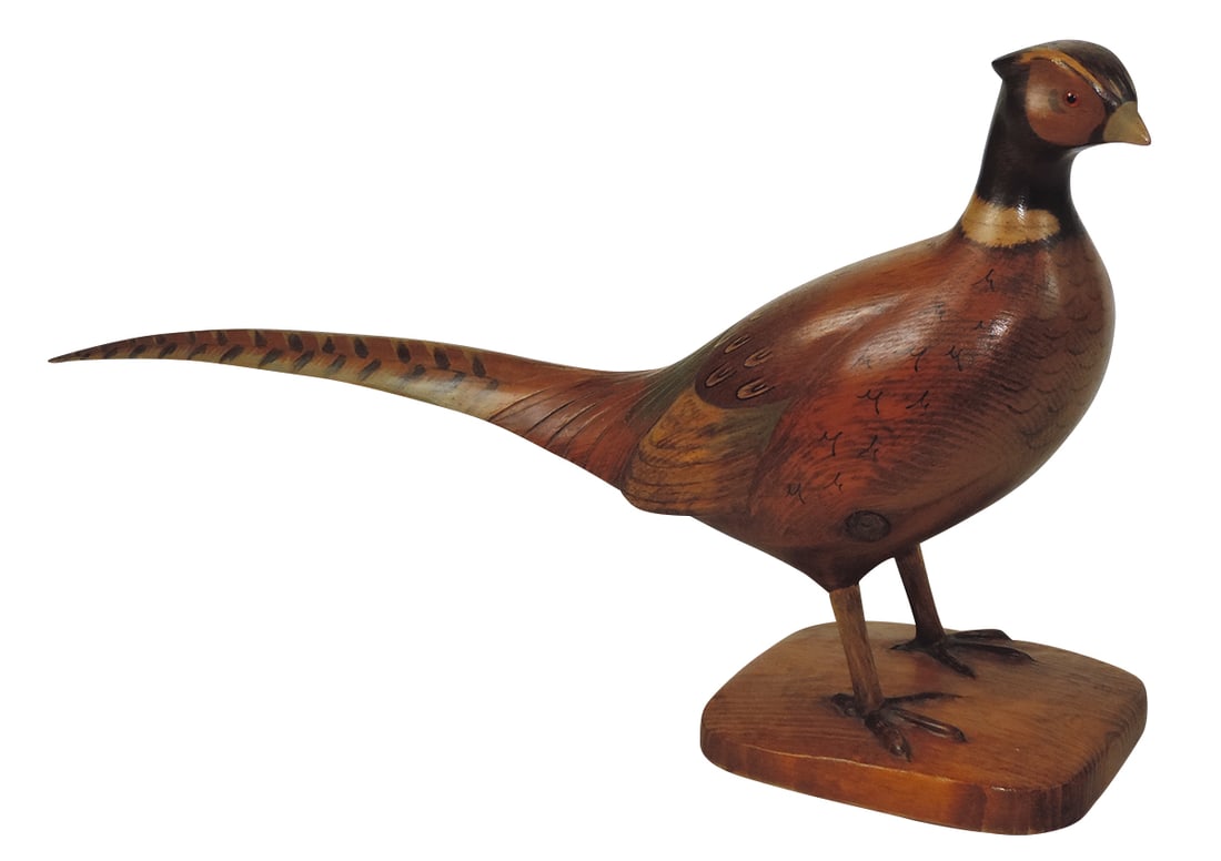 Hunting, pheasant, life-sized artist-carved in wood by RD Lewis 1981, No.21, 14.5"H x 26"L.: Hunting, pheasant, life-sized artist-carved in wood by RD Lewis 1981, No.21, 14.5"H x 26"L.