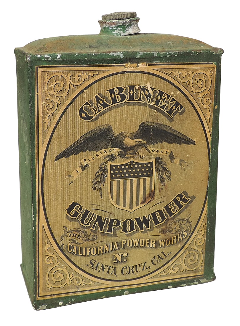 Gunpowder Can, Cabinet Gunpowder, Very Rare, mfgd by California Powder Works-Santa Cruz, Cal, 1 lb: Gunpowder Can, Cabinet Gunpowder, Very Rare, mfgd by California Powder Works-Santa Cruz, Cal, 1 lb tin w/paper label front & back, c.1870s, VG+ cond w/Exc label but w/out cap, 5.5"H.