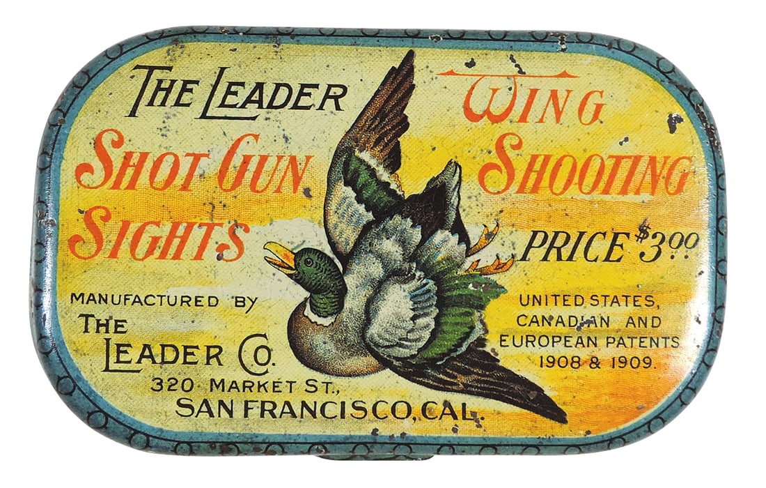 Gun Sights Tin, pocket size w/2 attachable shot gun barrel sights, mfgd by The Leader Co.-San: Gun Sights Tin, pocket size w/2 attachable shot gun barrel sights, mfgd by The Leader Co.-San Francisco, CA, US - Canadian & European Patents 1908-1909, tin w/colorful litho on all sides, Exc cond, ap