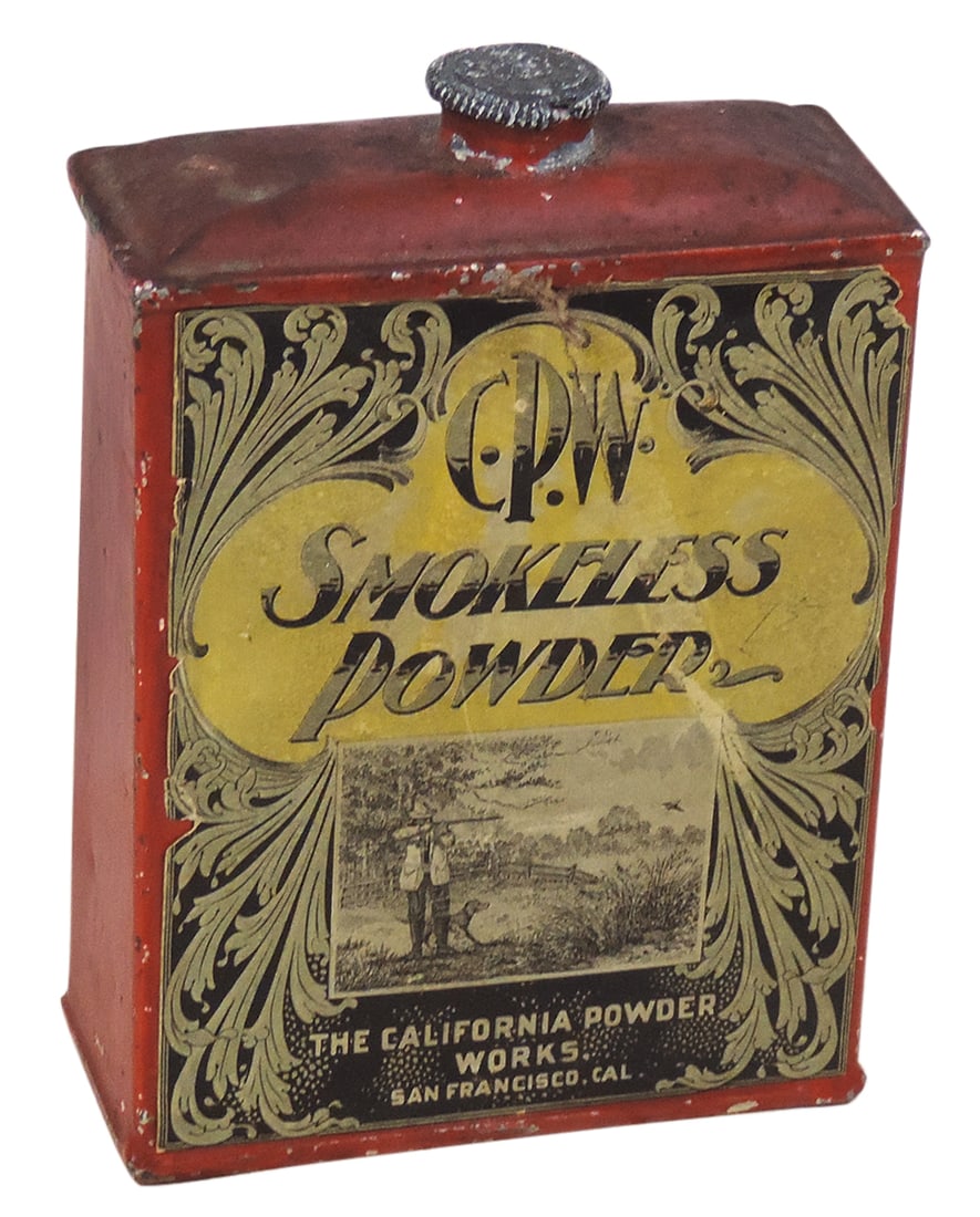 Gunpowder Can, CPW Smokeless Powder, Very Rare, mfgd by The California Powder Works-San Francisco, 1: Gunpowder Can, CPW Smokeless Powder, Very Rare, mfgd by The California Powder Works-San Francisco, 1 lb tin w/paper labels front & back, c.1890, VG+ cond, 5.25"H.