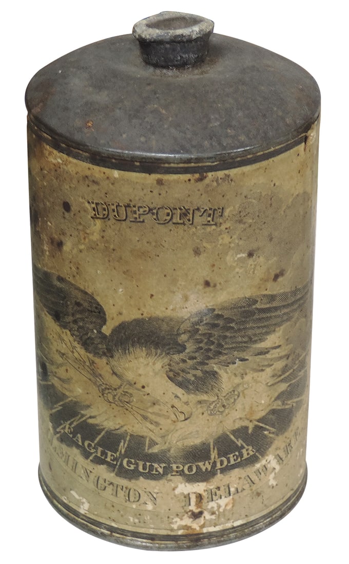 Gunpowder Can, Eagle Gun Powder, mfgd by DuPont-Wilmington, Del, 1 lb tin w/wraparound paper label,: Gunpowder Can, Eagle Gun Powder, mfgd by DuPont-Wilmington, Del, 1 lb tin w/wraparound paper label, c.1860 or earlier, VG cond w/out cap, 5"H.
