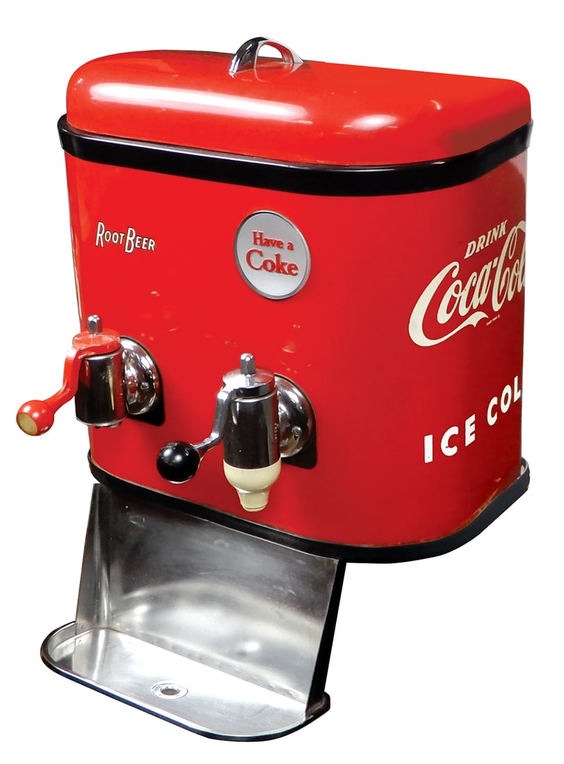 Coca-Cola Counter Dispenser, Multiplex 44 for Coke & Root Beer flavors, embossed metal, c.1961, VG+: Coca-Cola Counter Dispenser, Multiplex 44 for Coke & Root Beer flavors, embossed metal, c.1961, VG+ cond noting 1 nozzle absent & repair to red handle, 24"H x 18"W.