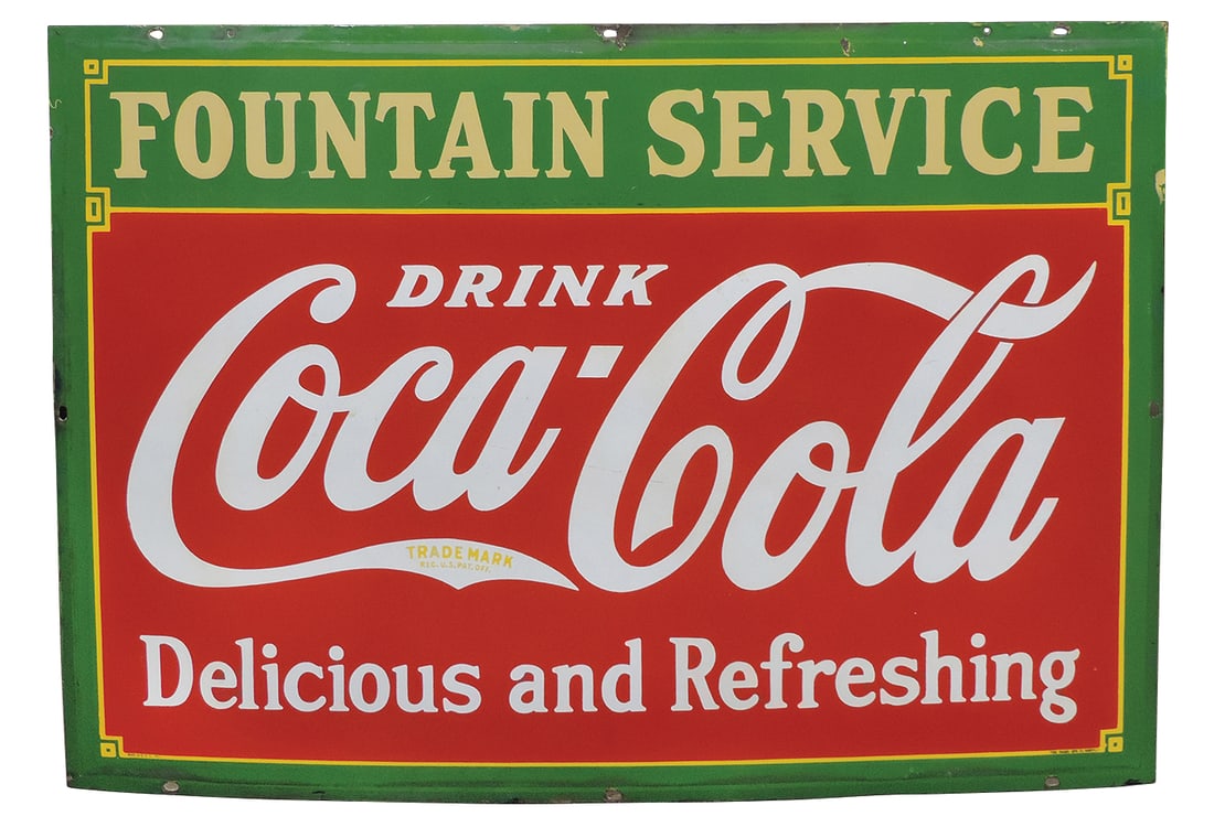 Coca-Cola Sign, Fountain Service, DSP on steel, mfgd by Tennessee Enamel Mfg. Co. & dtd 1933, Exc: Coca-Cola Sign, Fountain Service, DSP on steel, mfgd by Tennessee Enamel Mfg. Co. & dtd 1933, Exc cond both sides w/couple small losses upper third & w/loss at top center mounting hole, 42"H x 60"W.