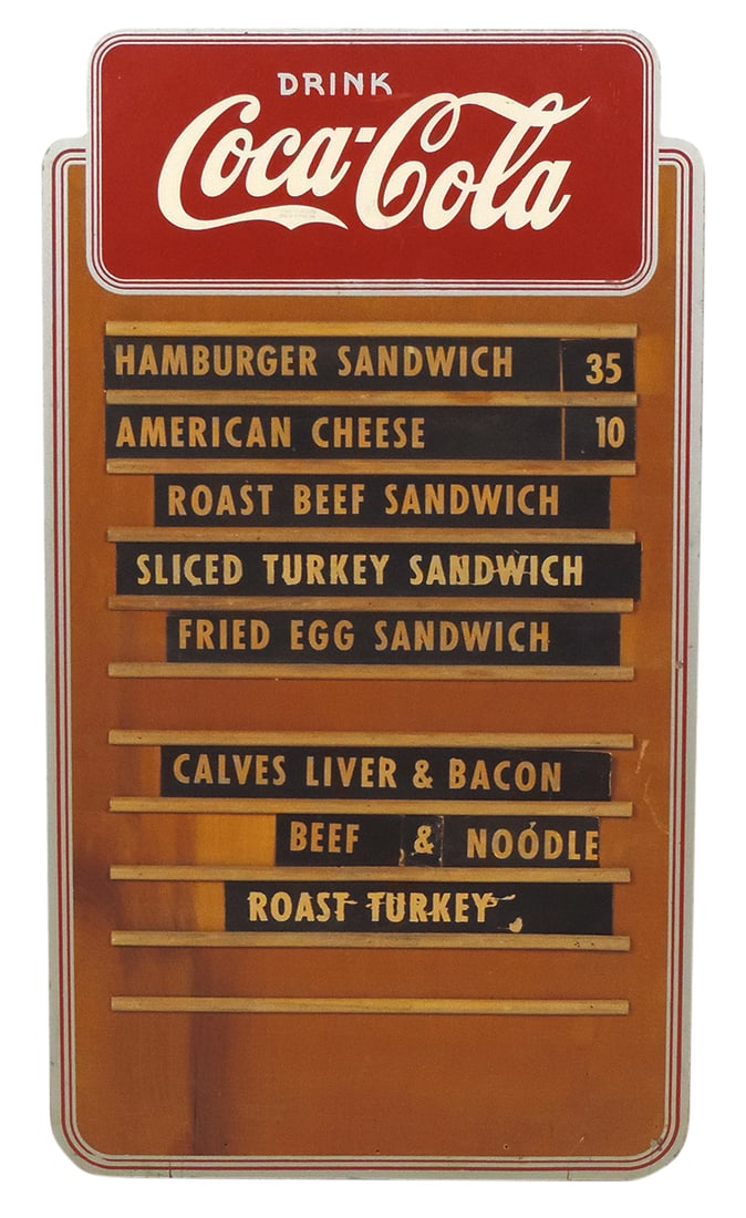 Coca-Cola Menu Board, painted plywood w/sliding product cards by Kay Displays Inc., c.1940's, VG+: Coca-Cola Menu Board, painted plywood w/sliding product cards by Kay Displays Inc., c.1940's, VG+ cond w/some plywood separation on one edge & two later nail repairs, 24.5"H x 13.75"W.