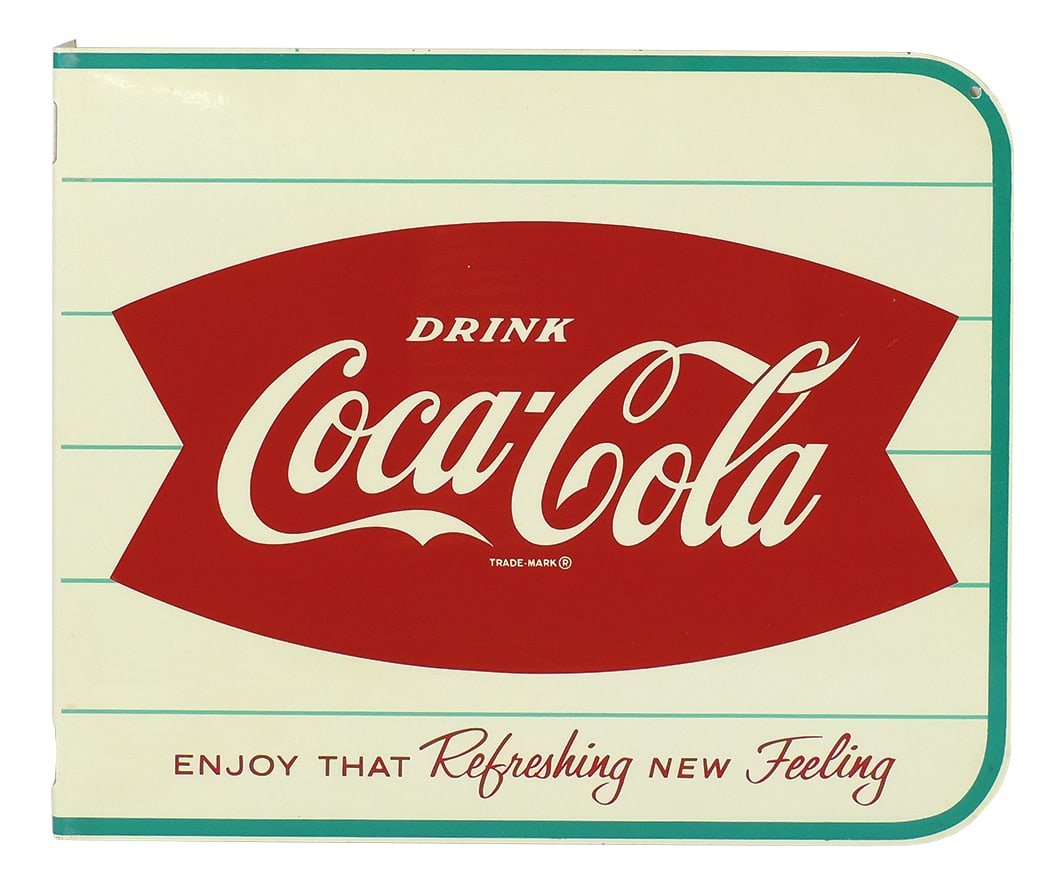 Coca-Cola Sign, "Enjoy that Refreshing New Feeling", marked AM32, double-sided litho on steel: Coca-Cola Sign, "Enjoy that Refreshing New Feeling", marked AM32, double-sided litho on steel flange w/fishtail logo, Near-Mint unused cond, 15"H x 18"W.