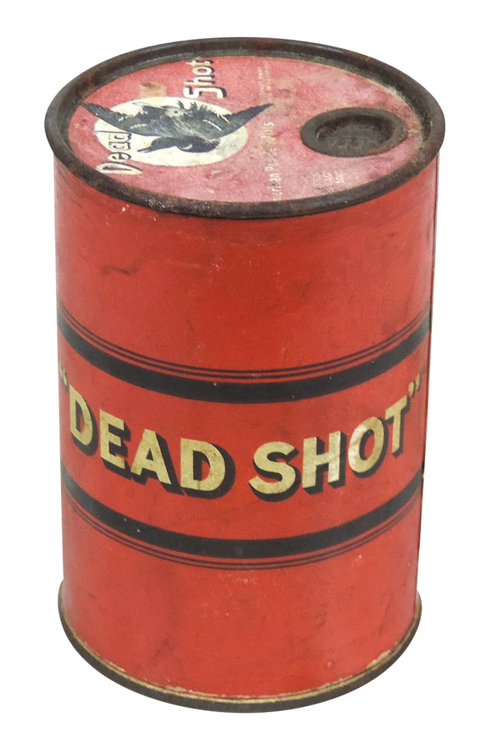 Gunpowder Can, Dead Shot Black Sporting, mfgd by American Powder Mills-Boston, Chicago, St. Louis, 1: Gunpowder Can, Dead Shot Black Sporting, mfgd by American Powder Mills-Boston, Chicago, St. Louis, 1 lb cdbd & tin w/paper wrap-around label, falling duck logo on top & wording on bottom, unknown mfg 