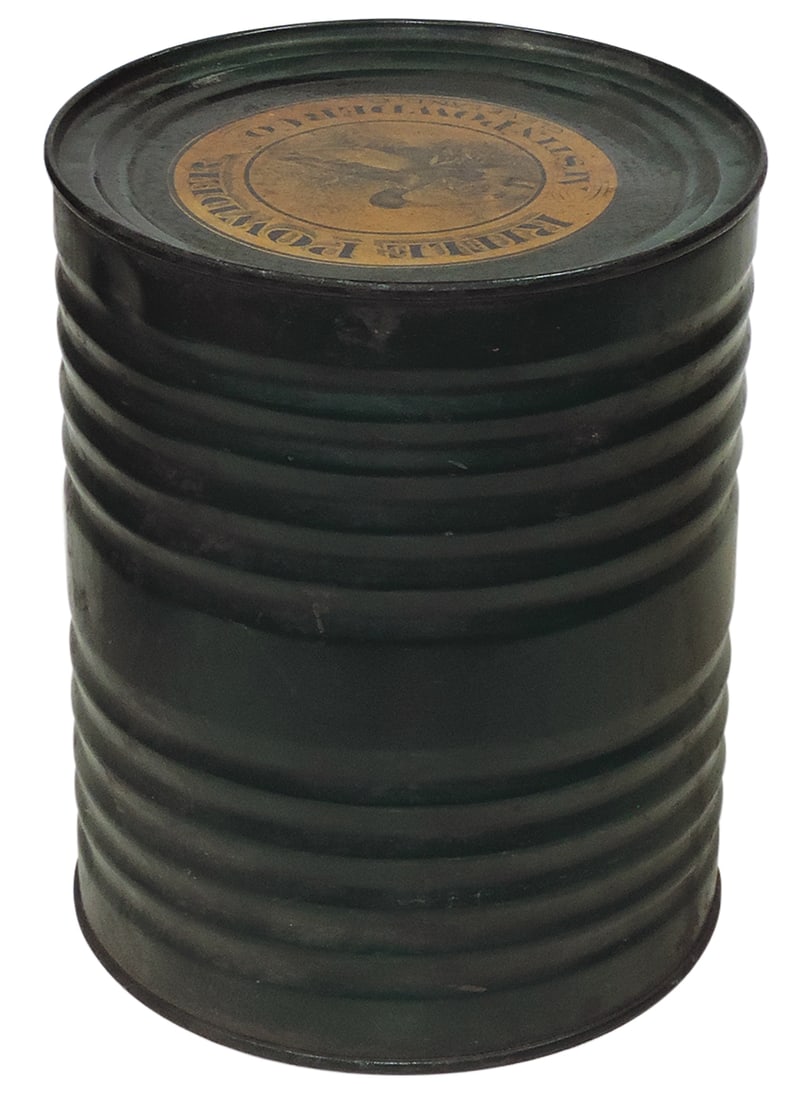 Gunpowder Keg, Rifle Powder, mfgd by Austin Powder Co.-Cleveland, OH, 12.5 lb tin w/top paper label,: Gunpowder Keg, Rifle Powder, mfgd by Austin Powder Co.-Cleveland, OH, 12.5 lb tin w/top paper label, Exc cond, 9.5"H.