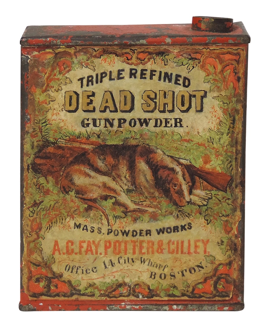 Gunpowder Can, Dead Shot, mfgd by Mass. Powder Works-Boston, 1/2 lb tin w/paper label, c.1855-1859,: Gunpowder Can, Dead Shot, mfgd by Mass. Powder Works-Boston, 1/2 lb tin w/paper label, c.1855-1859, VG cond w/no cap, 4.25"H.