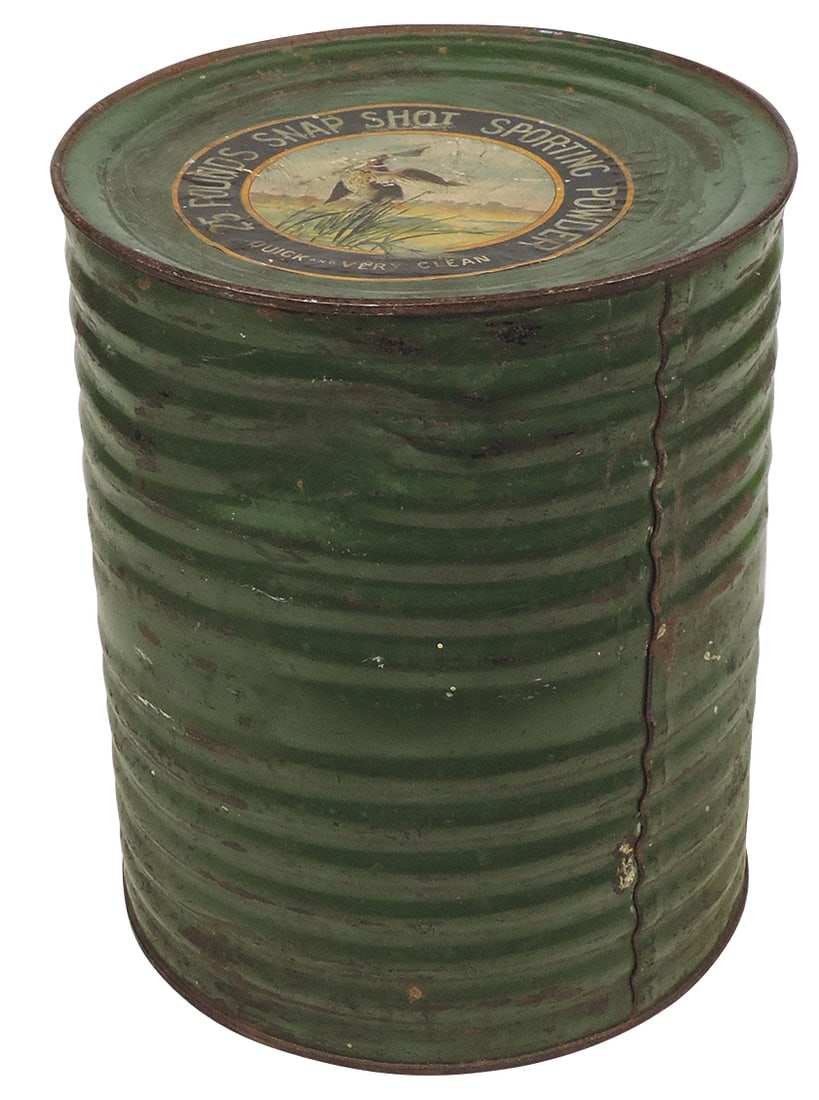 Gunpowder Keg, Snap Shot Sporting Powder, mfgd by Hamilton Powder Co., 25 lb tin w/lg top paper: Gunpowder Keg, Snap Shot Sporting Powder, mfgd by Hamilton Powder Co., 25 lb tin w/lg top paper label, top and bottom embossed w/manufacturer's name, VG cond, 12"H.