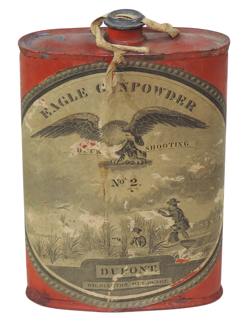 Gunpowder Can, Eagle Duck Shooting No. 2, mfgd by DuPont-Wilmington, Del, 1 lb tin w/lg paper: Gunpowder Can, Eagle Duck Shooting No. 2, mfgd by DuPont-Wilmington, Del, 1 lb tin w/lg paper label, c.1890, Exc cond, 6"H.