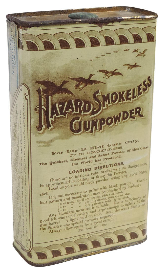 Gunpowder Can, Hazard Smokeless For Shotguns Only, mfgd by The Hazard Powder Co.-New York, 1 lb, lit: Gunpowder Can, Hazard Smokeless For Shotguns Only, mfgd by The Hazard Powder Co.-New York, 1 lb, litho on tin all sides, c.1890-1900, VG+ cond, 6"H.