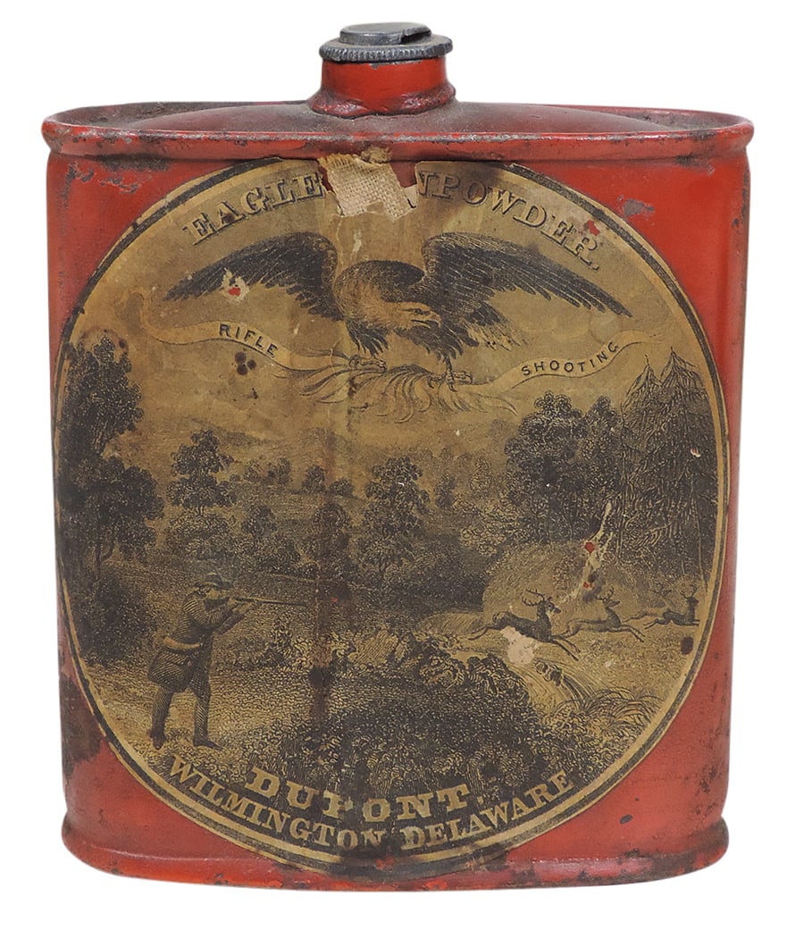 Gunpowder Can, Very Rare Eagle, mfgd by DuPont-Wilmington, Del, 1/2 pound tin w/paper label, c.1870s: Gunpowder Can, Very Rare Eagle, mfgd by DuPont-Wilmington, Del, 1/2 pound tin w/paper label, c.1870s (bottom shows unreadable embossed pat date), VG cond, 4.5"H.
