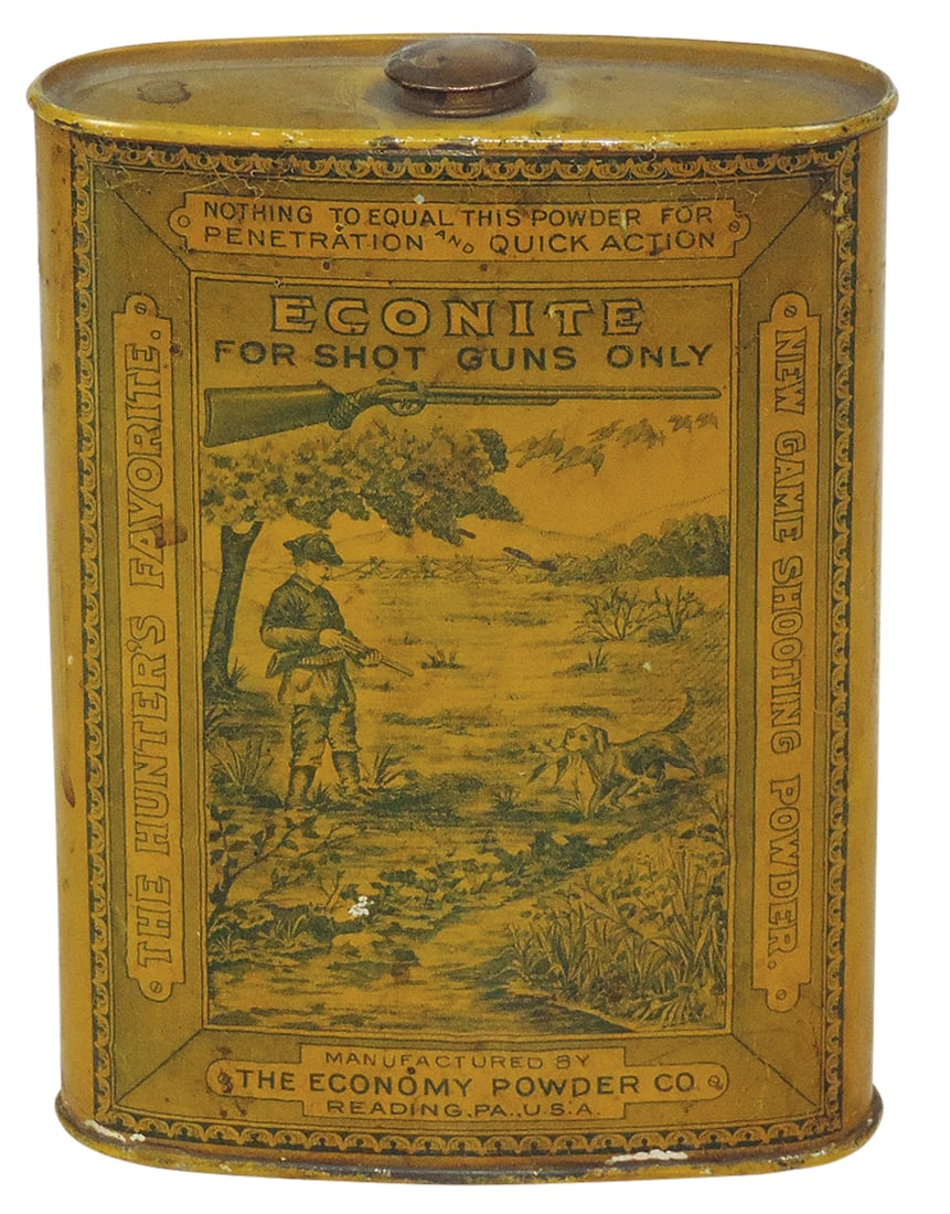 Gunpowder Can, Econite, mfgd by The Economy Powder Co.-Reading, PA, 1 lb litho on tin, c.1900, Exc: Gunpowder Can, Econite, mfgd by The Economy Powder Co.-Reading, PA, 1 lb litho on tin, c.1900, Exc cond, 5.5"H.