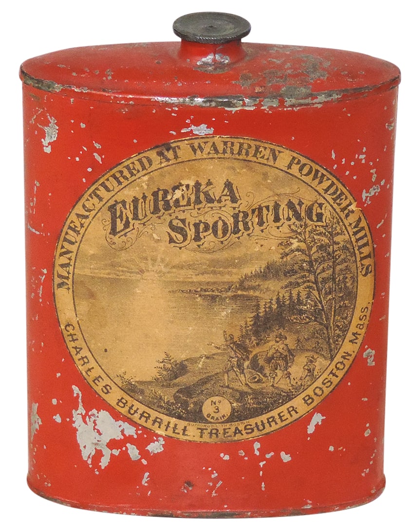Gunpowder Can, Very Rare Eureka Sporting, mfgd by Warren Powder Mills-Boston, Mass, 1 lb tin w/paper: Gunpowder Can, Very Rare Eureka Sporting, mfgd by Warren Powder Mills-Boston, Mass, 1 lb tin w/paper label front & back, c.1860, VG cond w/wear & Exc paper label, 5.5"H.