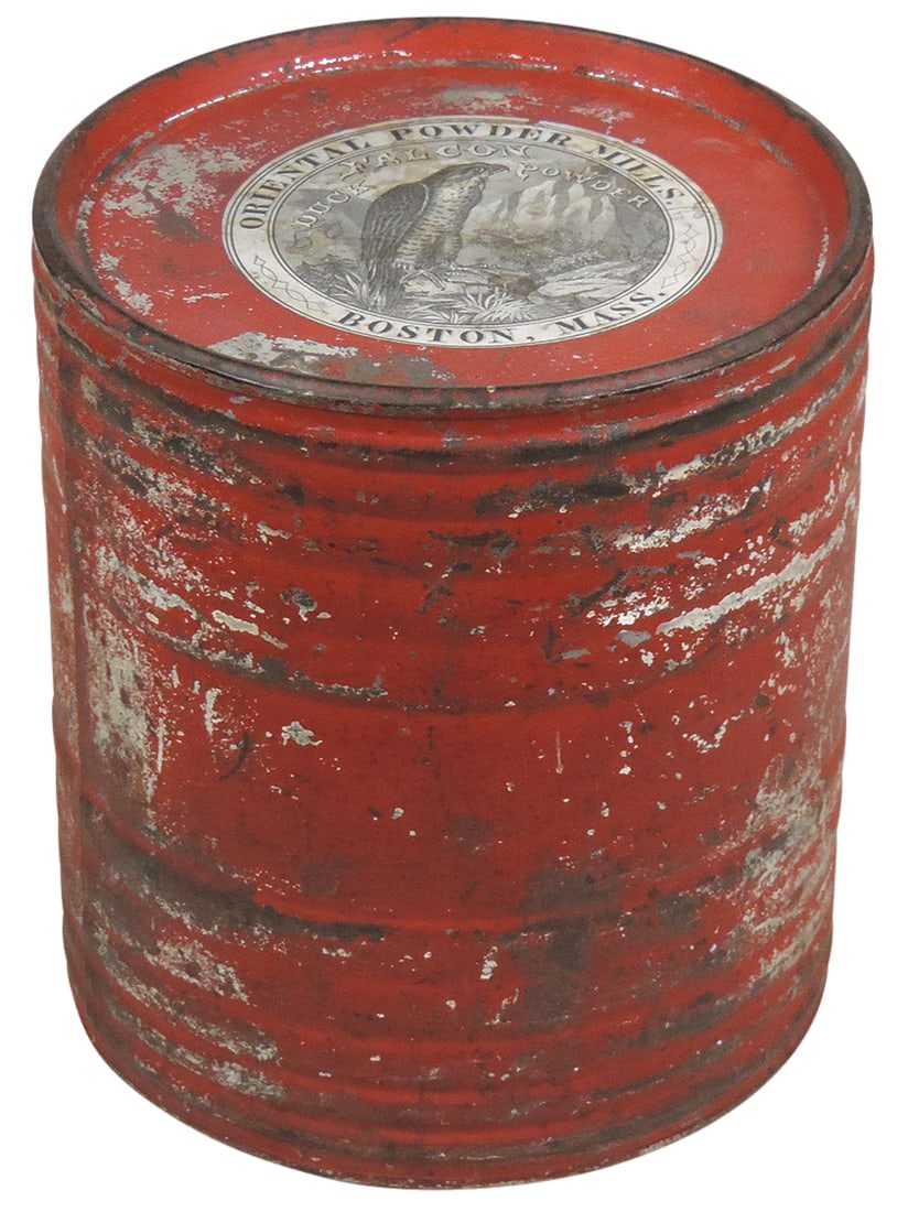 Gunpowder Keg, Falcon Duck Powder, mfgd by Oriental Powder Mills-Boston, MA, 6.25 lb tin w/paper: Gunpowder Keg, Falcon Duck Powder, mfgd by Oriental Powder Mills-Boston, MA, 6.25 lb tin w/paper label on end opposite cap, c.1880-1890, VG cond w/normal wear, 7"H.