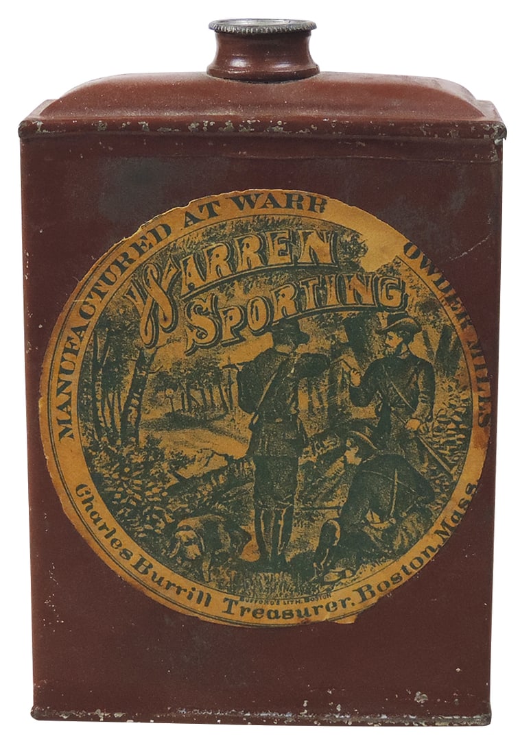 Gunpowder Can, Scarce Warren Sporting, mfgd by Warren Powder Mills-Boston, Mass, 1/2 lb tin w/paper: Gunpowder Can, Scarce Warren Sporting, mfgd by Warren Powder Mills-Boston, Mass, 1/2 lb tin w/paper label front & remnant back, c.1873-1887, Exc cond w/average wear, 4.75"H.