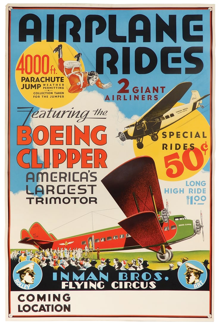 Airplane Rides Poster, Inman Bros. Flying Circus, Rare 7-color litho on paper w/outstanding: Airplane Rides Poster, Inman Bros. Flying Circus, Rare 7-color litho on paper w/outstanding graphics, c.1930, rolled up & in storage for 50 years. Gifted by Art Inman himself to his now deceased frien