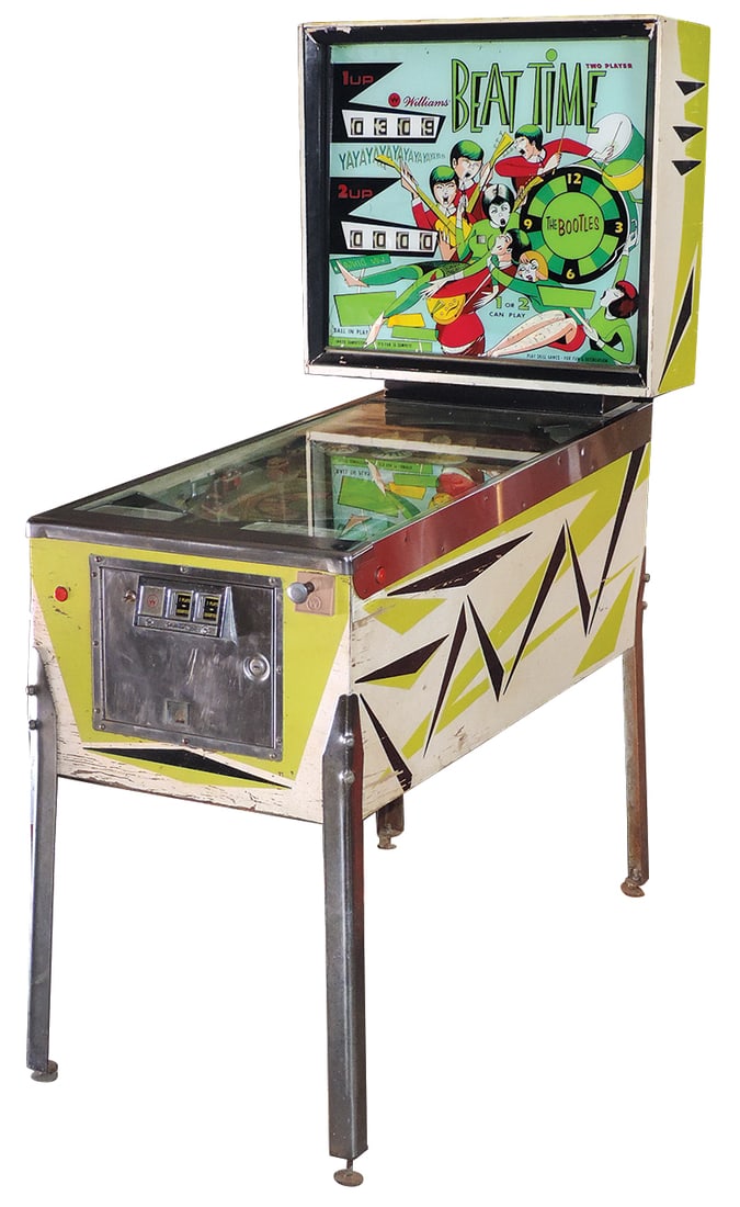 Coin-Operated Arcade Machine, Beat Time Pinball, 25 Cent, mfgd by Williams w/rock band theme,: Coin-Operated Arcade Machine, Beat Time Pinball, 25 Cent, mfgd by Williams w/rock band theme, c.1967, VG working cond w/some case wear, unlocked w/no key, 70"H x 29"W x 52"D.