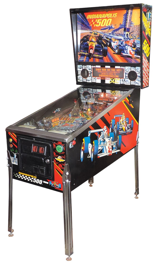 Coin-Operated Arcade Machine, Indianapolis 500 Pinball, c.1995 by Valley, 50 Cent play w/multi ball: Coin-Operated Arcade Machine, Indianapolis 500 Pinball, c.1995 by Valley, 50 Cent play w/multi ball action, Exc working cond, unlocked w/o key, 76"H x 29"W x 52"D.