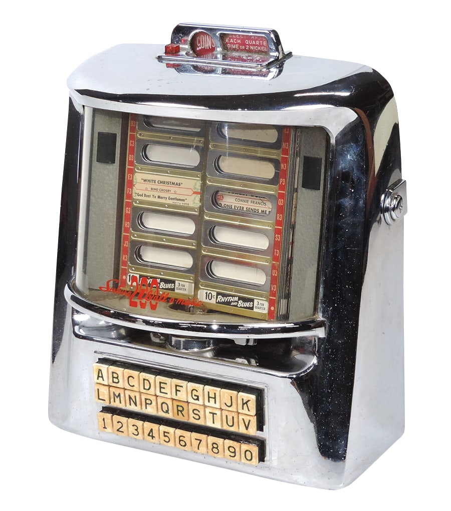 Coin-Operated Seeburg Wall-O-Matic, 200 selector box taking 25-10-5 Cents w/96 selections, VG+: Coin-Operated Seeburg Wall-O-Matic, 200 selector box taking 25-10-5 Cents w/96 selections, VG+ untested cond, 14.5"H x 12"W.