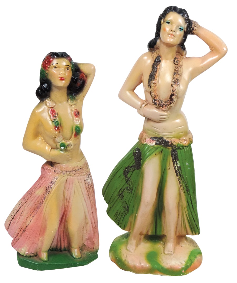 Carnival Hawaiian Figures (2), polychrome chalk hula dancers, VG cond, larger 17"H.: Carnival Hawaiian Figures (2), polychrome chalk hula dancers, VG cond, larger 17"H.