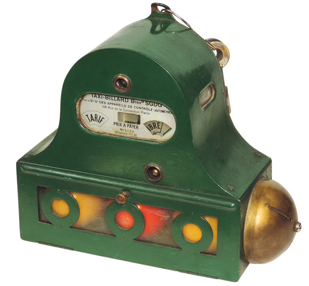 Billiard Clock, French Taxi Billiard Brev SGDG (Patented without warranty of the gov't), brass,: Billiard Clock, French Taxi Billiard Brev SGDG (Patented without warranty of the gov't), brass, acrylic green & pressed steel clockwork mechanism w/timed access panel, c.1950, incl winding key & atten
