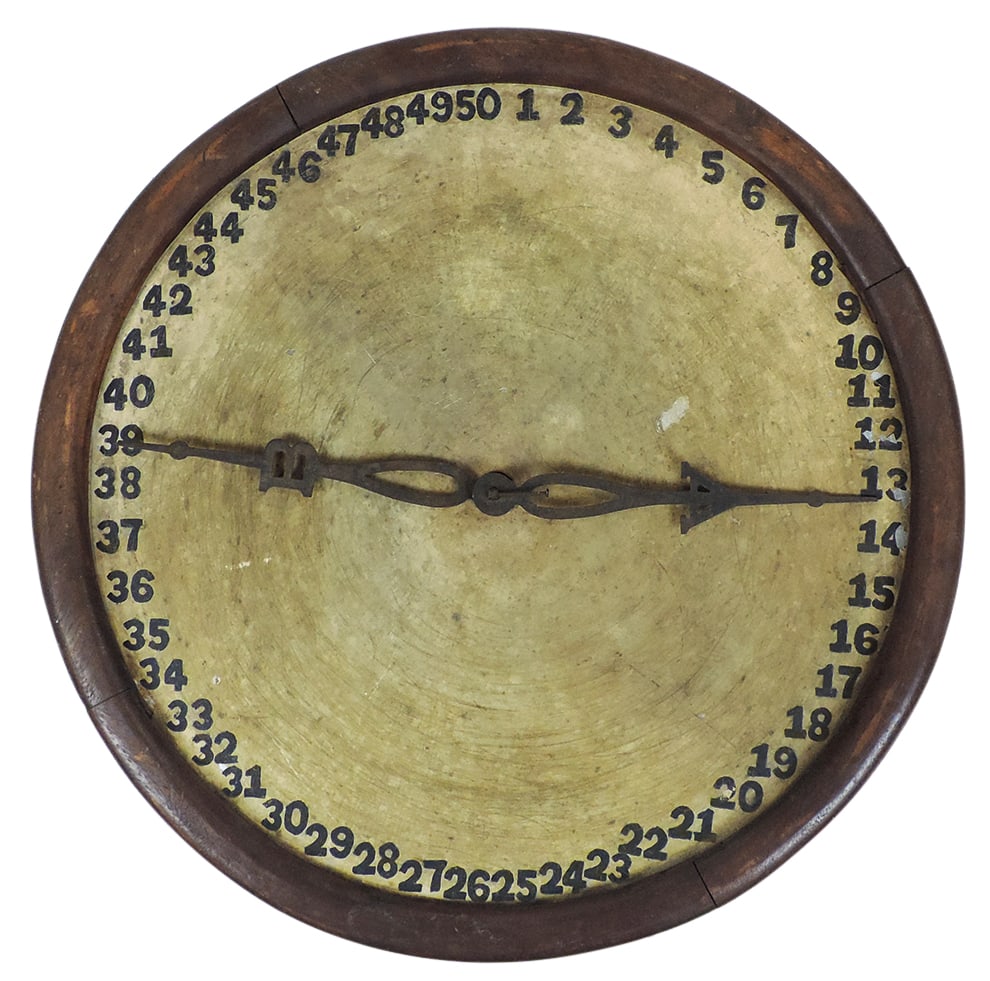 Billiards Dial Indicator Ball Counter numbered 1-50, one hand marked A, the other B, each advances: Billiards Dial Indicator Ball Counter numbered 1-50, one hand marked A, the other B, each advances when a cord is pulled & rings a bell, maker unknown, wood w/painted tin dial, VG working cond, 17&rdq
