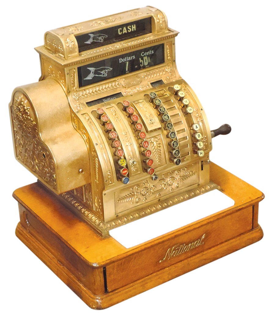 Cash Register, National Model 441, fancy cast brass, rings to $69.90 w/5 Cent A,B,E & H departments,: Cash Register, National Model 441, fancy cast brass, rings to $69.90 w/5 Cent A,B,E & H departments, charge & acct recv keys, drawer build sheet for Hansen & Peck, ND, dtd 1916, VG working cond, clean