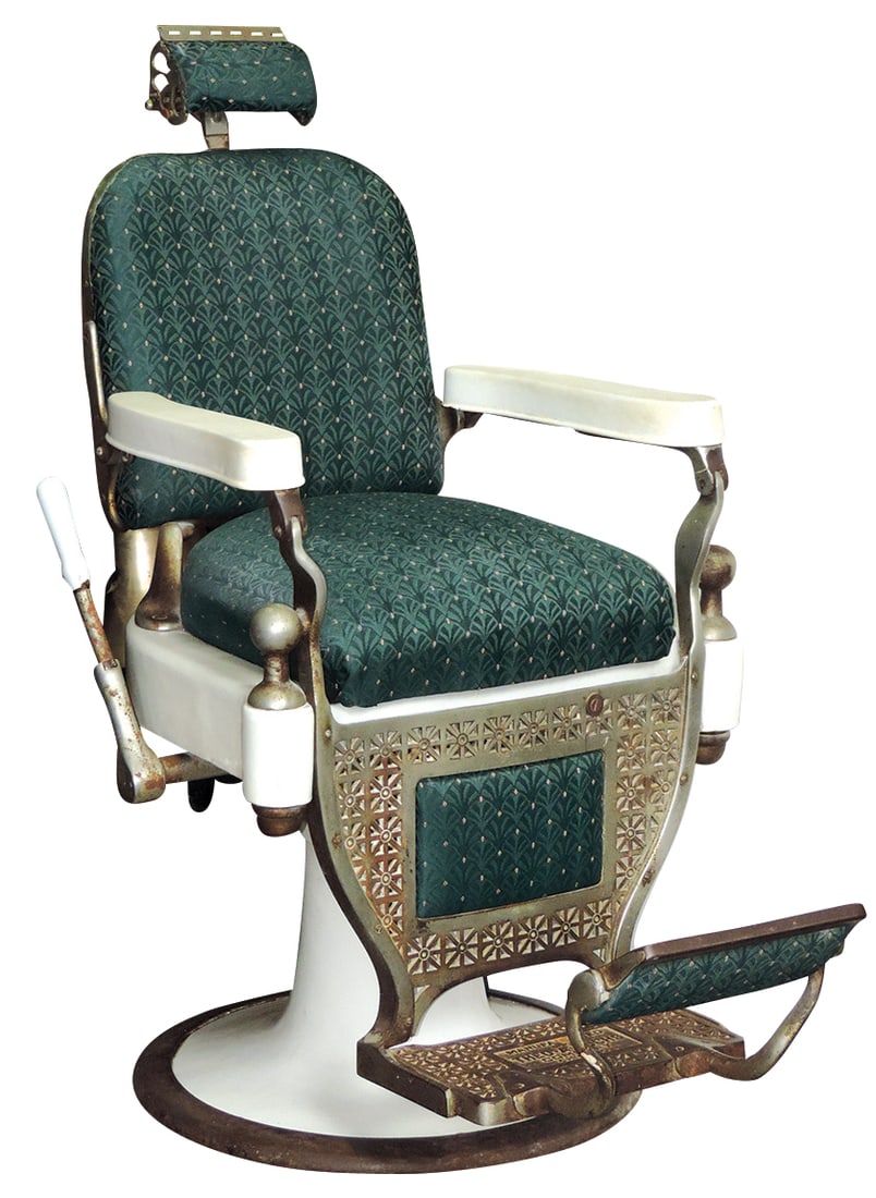 Barber Shop Chair, Kochs hydraulic lift chair, white porcelain on iron w/embossed iron foot rest,: Barber Shop Chair, Kochs hydraulic lift chair, white porcelain on iron w/embossed iron foot rest, lifts & reclines, in VG working cond w/wear on nickel plate, later upholstered, 48"H x 28"W.