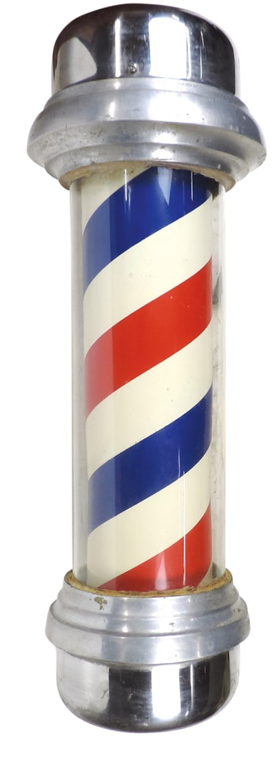 Barber Shop Pole, mfgd by Marvy, Model 55, glass w/lighted rotating striped cylinder, VG working: Barber Shop Pole, mfgd by Marvy, Model 55, glass w/lighted rotating striped cylinder, VG working cond, 27"H.