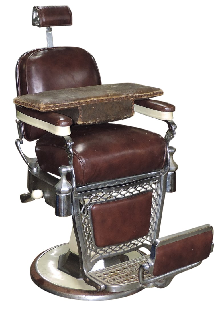 Barber Shop Chair, Hydraulic Lift Arm Chair, mfgd by Emil J. Paidar Co.-Chicago, nickel-plated iron: Barber Shop Chair, Hydraulic Lift Arm Chair, mfgd by Emil J. Paidar Co.-Chicago, nickel-plated iron w/cream porcelain accents & brown leather upholstery, associated arm rest booster, VG working cond n