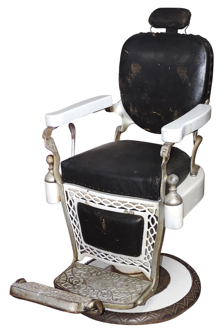 Barber Shop Chair, Hanson Hydraulic Lift, white porcelain over iron w/reticulated front leg panel,: Barber Shop Chair, Hanson Hydraulic Lift, white porcelain over iron w/reticulated front leg panel, Good orig cond & upholstery, raises but does not hold position, 49"H x 26"W.