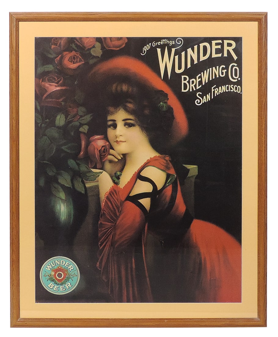 Breweriana Poster, Wunder Brewing Co.-San Francisco, contemporary young beauty, paper lith: Breweriana Poster, Wunder Brewing Co.-San Francisco, contemporary young beauty, paper litho in oak frame, Exc cond, 30"H x 23.5"W.