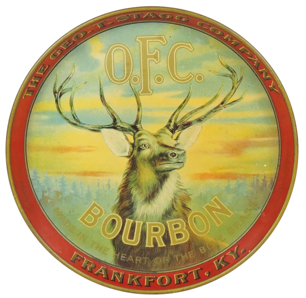 Breweriana, O.F.C. Bourbon Tray, litho on tin w/stag scene for The George T. Stagg Co.,: Breweriana, O.F.C. Bourbon Tray, litho on tin w/stag scene for The George T. Stagg Co., Exc cond, 12"Dia.