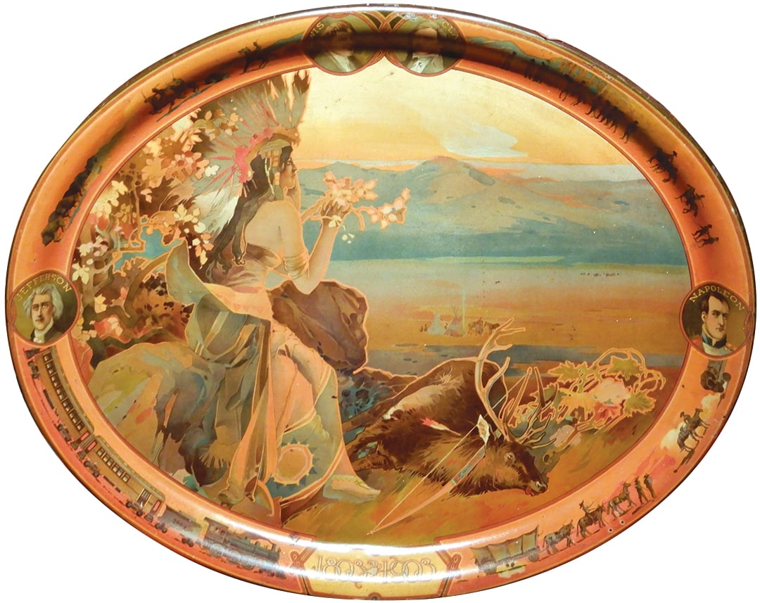 Historical Centennial Louisiana Purchase tray, 1803-1903, litho on tin w/historic scenes around: Historical Centennial Louisiana Purchase tray, 1803-1903, litho on tin w/historic scenes around perimeter, Indian maiden & slain deer at center, VG cond, 13.5"H x 16.5"W.