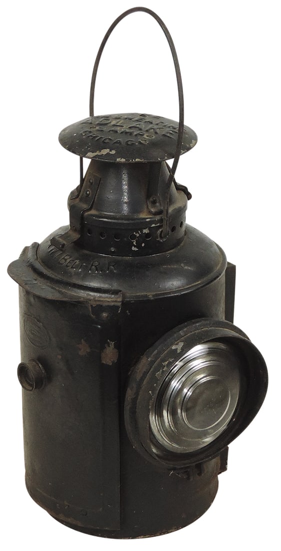 Railroad Lantern, 1-way clear signal, pressed steel mfgd by Adlake, embossed C&WI. Belt R.R., VG: Railroad Lantern, 1-way clear signal, pressed steel mfgd by Adlake, embossed C&WI. Belt R.R., VG cond w/orig paint, 14"H.
