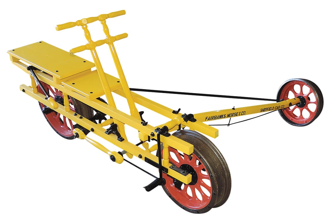Railroad Hand Car, Sheffield Car Co., mfgd by Fairbanks Morse & Co., 3-wheel propelled by a: Railroad Hand Car, Sheffield Car Co., mfgd by Fairbanks Morse & Co., 3-wheel propelled by a combination of hand & foot power used in a push/pull motion, painted wood & metal velocipede style, early 20