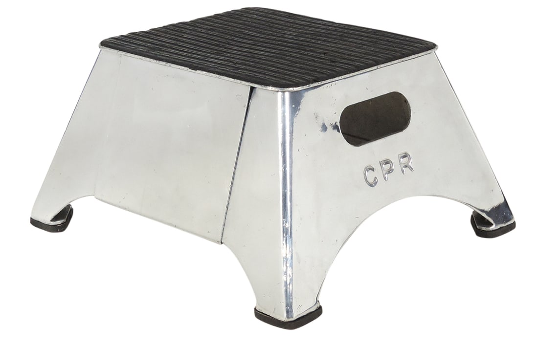 Railroad Step Stool, embossed CPR w/polished finish, aluminum, VG cond, 10"H x 20"W.: Railroad Step Stool, embossed CPR w/polished finish, aluminum, VG cond, 10"H x 20"W.