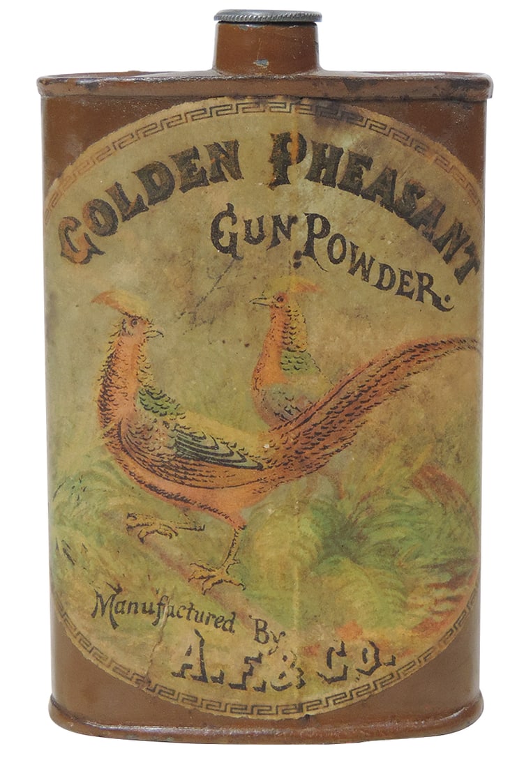 Gunpowder Can, Golden Pheasant, mfgd by A.F. & Co.(second grade DuPont), 1/4 lb tin w/paper label,: Gunpowder Can, Golden Pheasant, mfgd by A.F. & Co.(second grade DuPont), 1/4 lb tin w/paper label, c.1880, Exc cond, 4.25"H.
