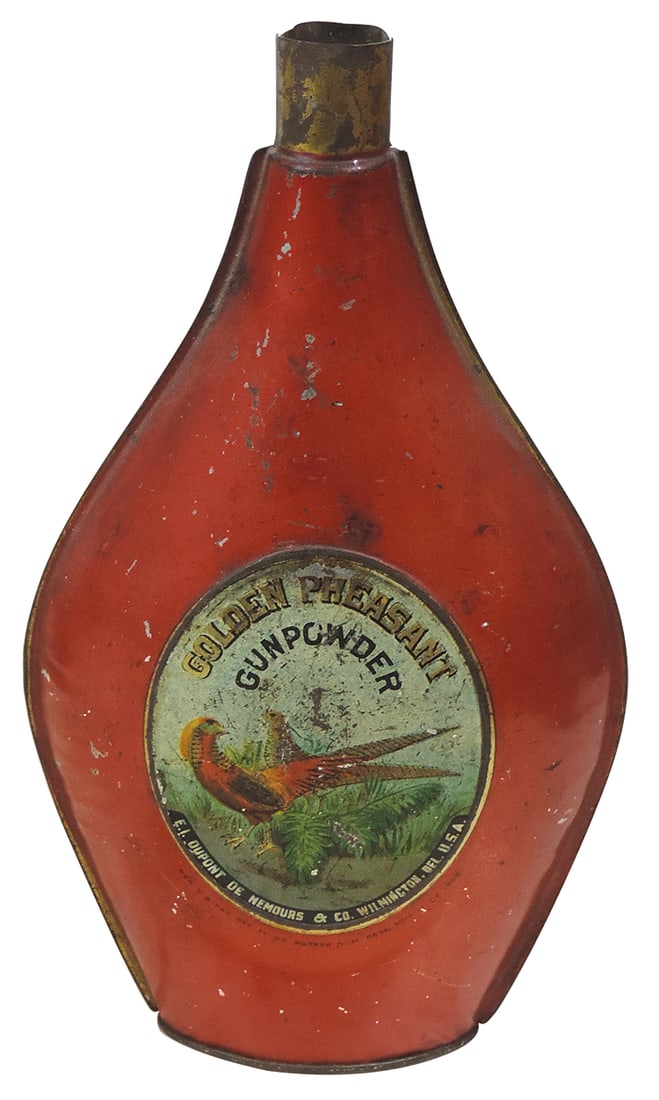 Gunpowder Can, Golden Pheasant, mfgd by E. I. DuPont de Nemours-Wilmington, DE, 1 lb tin flask: Gunpowder Can, Golden Pheasant, mfgd by E. I. DuPont de Nemours-Wilmington, DE, 1 lb tin flask w/label, DuPont embossed on back w/belt clip, c.1908, no cap o/wise VG+ cond, 9.25"H.