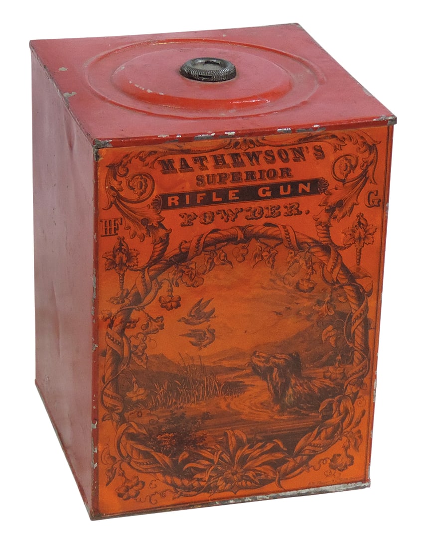 Gunpowder Can, Mathewson's Superior, 5 lb tin w/paper label, c.1860, VG+ cond, 6.75"H.: Gunpowder Can, Mathewson's Superior, 5 lb tin w/paper label, c.1860, VG+ cond, 6.75"H.