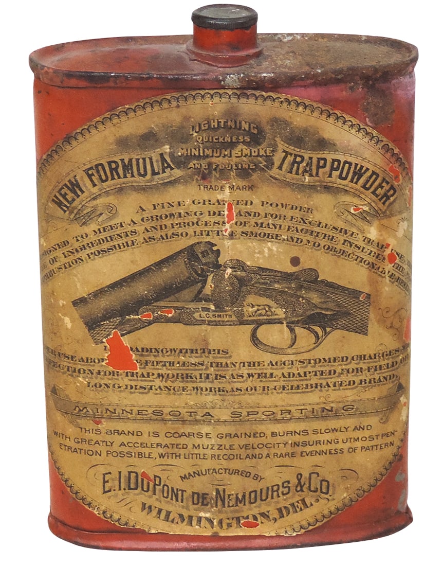 Gunpowder Can, Minnesota Sporting New Formula Trap Powder, mfgd by E. I. DuPont de Nemours &: Gunpowder Can, Minnesota Sporting New Formula Trap Powder, mfgd by E. I. DuPont de Nemours & Co.-Wilmington, Del, 1 lb tin w/paper label, c.1880, VG cond w/average wear/rust on top, 6.25"H.