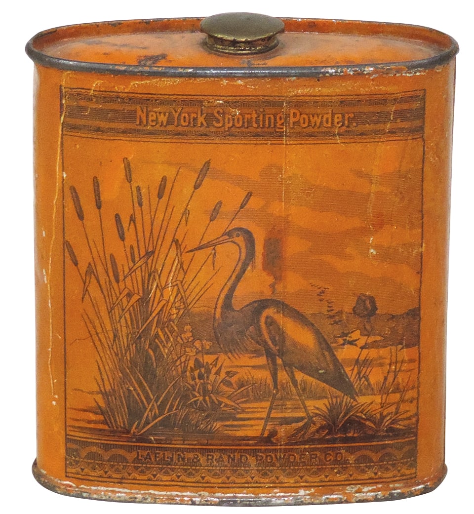 Gunpowder Can, New York Sporting Crane, mfgd by Laflin & Rand Powder Cos. Works, 1 lb litho on tin: Gunpowder Can, New York Sporting Crane, mfgd by Laflin & Rand Powder Cos. Works, 1 lb litho on tin w/labels front & back, c.1880, VG cond, 4.25"H.
