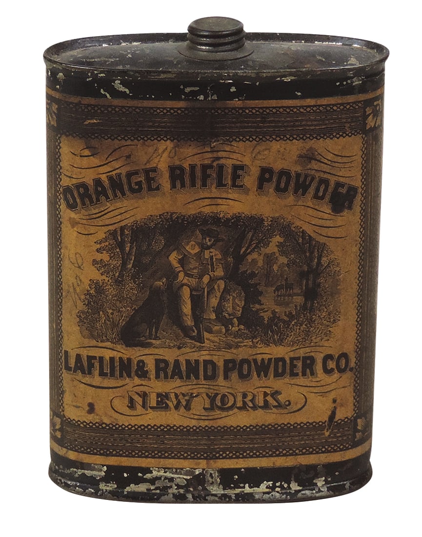 Gunpowder Can, Orange Rifle Powder, mfgd by Laflin & Rand Powder Co.-New York, NY, 1 lb tin w/front: Gunpowder Can, Orange Rifle Powder, mfgd by Laflin & Rand Powder Co.-New York, NY, 1 lb tin w/front label, c.1890s, VG+ cond w/normal wear, 6"H.